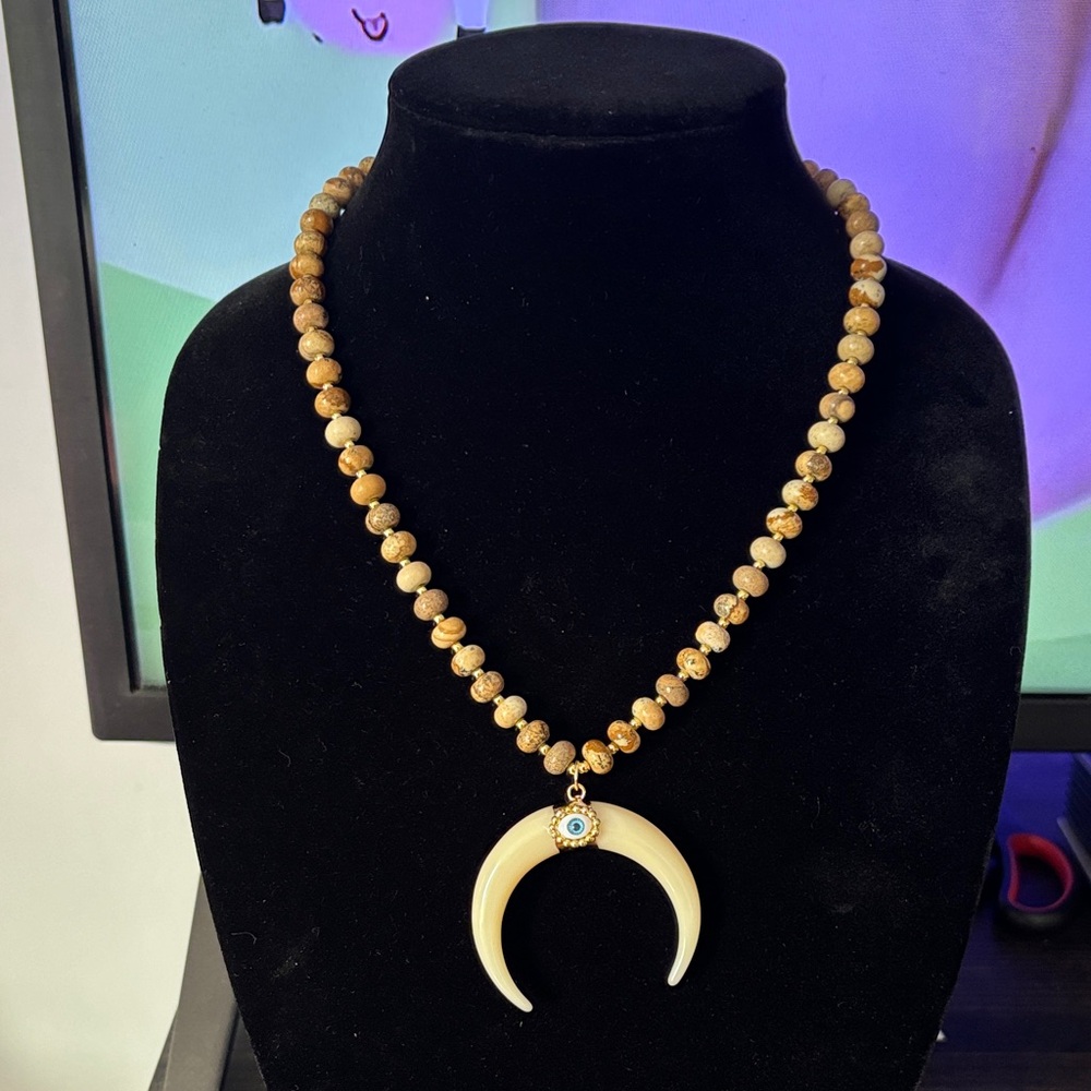 Gold Beaded Necklace with Crescent Pendant